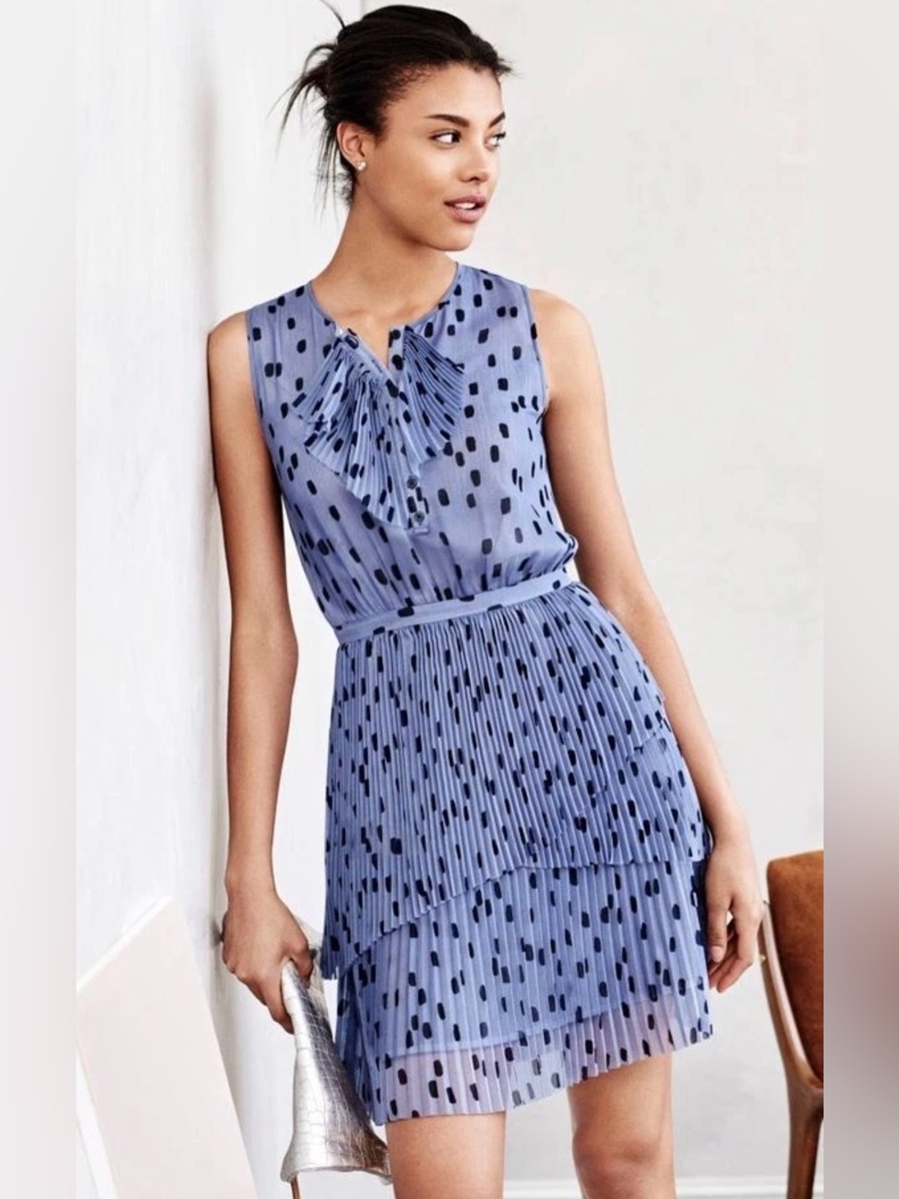 Banana Republic Pleated Ruffle Tiered Dress in slate blue, Size 10